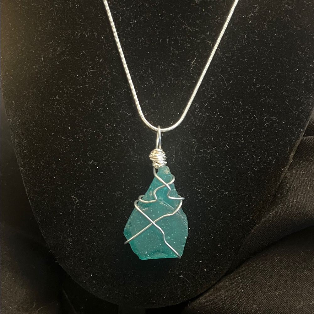 Handcrafted New England Teal Sea Glass Pendant Necklace - Wire Wrapped